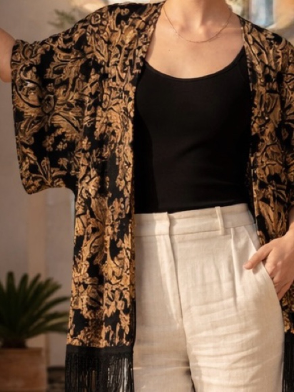 Judith March Old Money Black Gold Brown Paisley Velvet Burnout Kimono Small